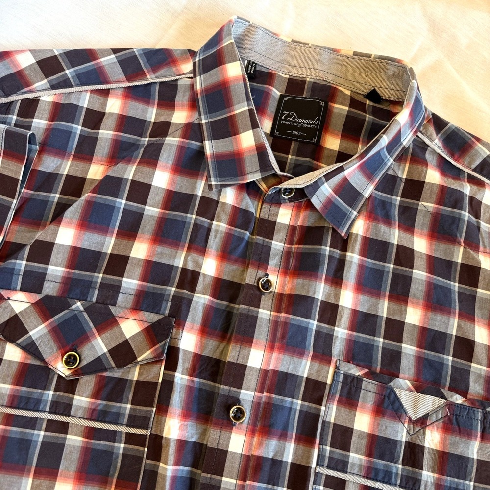 7 Diamonds The Ride Short Sleeve Button Down Mens Shirt Red Blue Gray Plaid XL - Picture 1 of 15